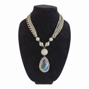 Large Crystal Tear Drop Necklace Statement Piece Multi Stand Silver Curb Chain
